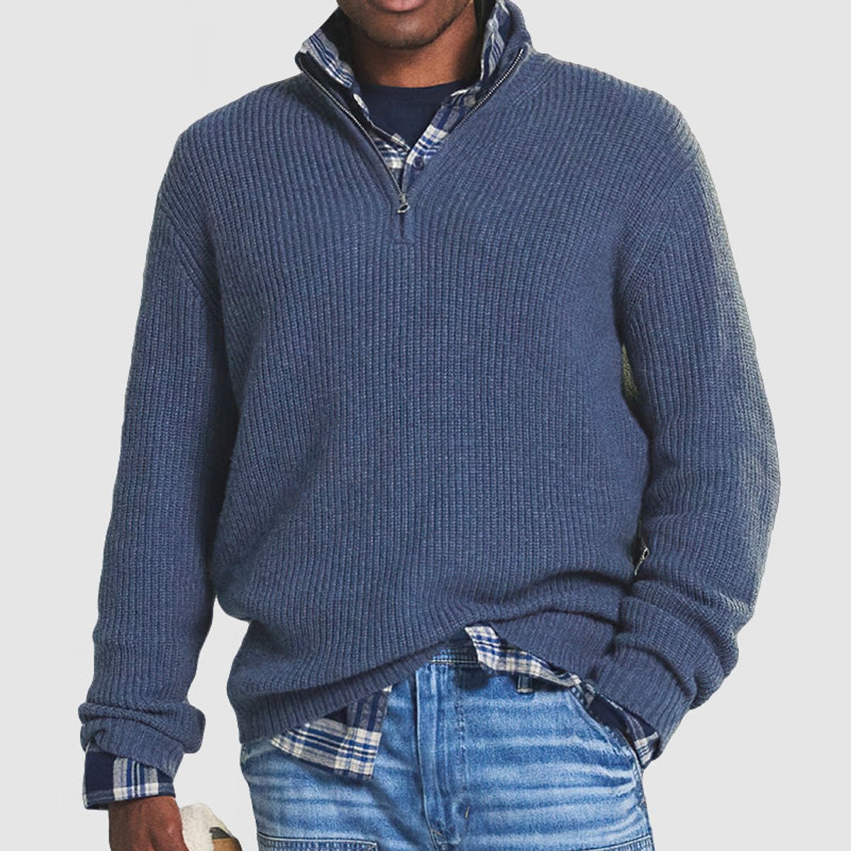 Herre ribstrikket sweater med kvart lynlås