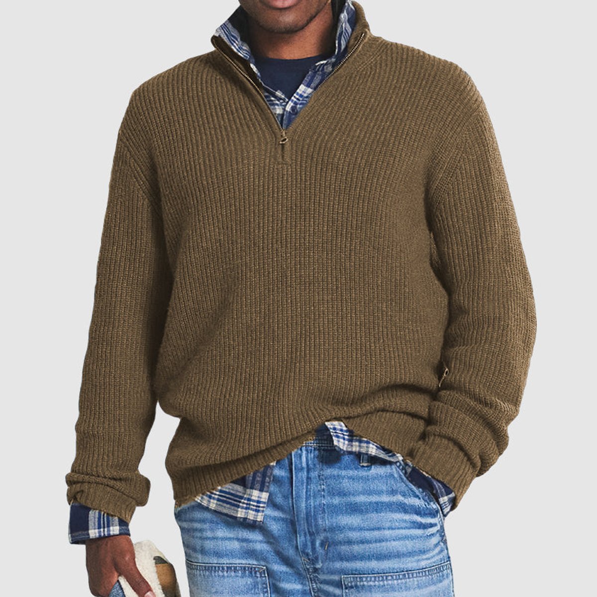 Herre ribstrikket sweater med kvart lynlås